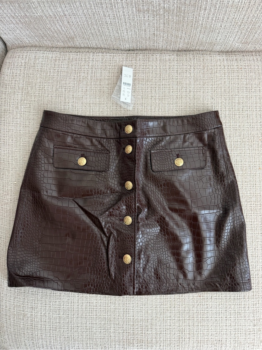 J. Crew Croc-Embossed Mini Skirt in Dark Brown with Gold Buttons